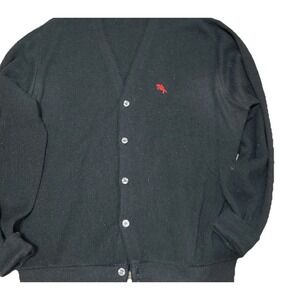 Vintage Steeplechase XL Black Button Front Cardigan Sweater Red Logo Long Sleeve